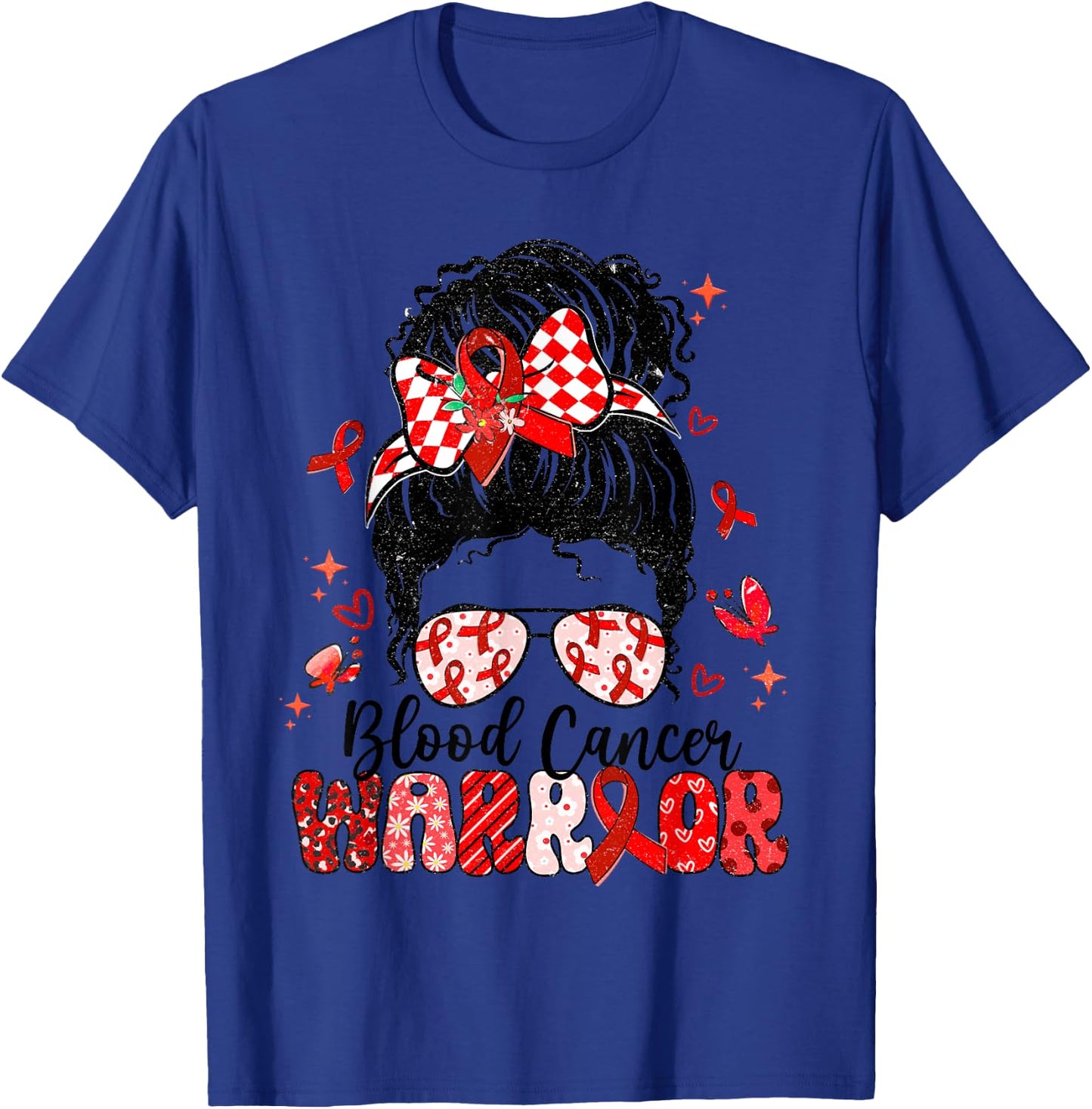 Warrior Messy Bun Red Ribbon Blood Cancer Awareness T-Shirt - T-Shirt | Royal
