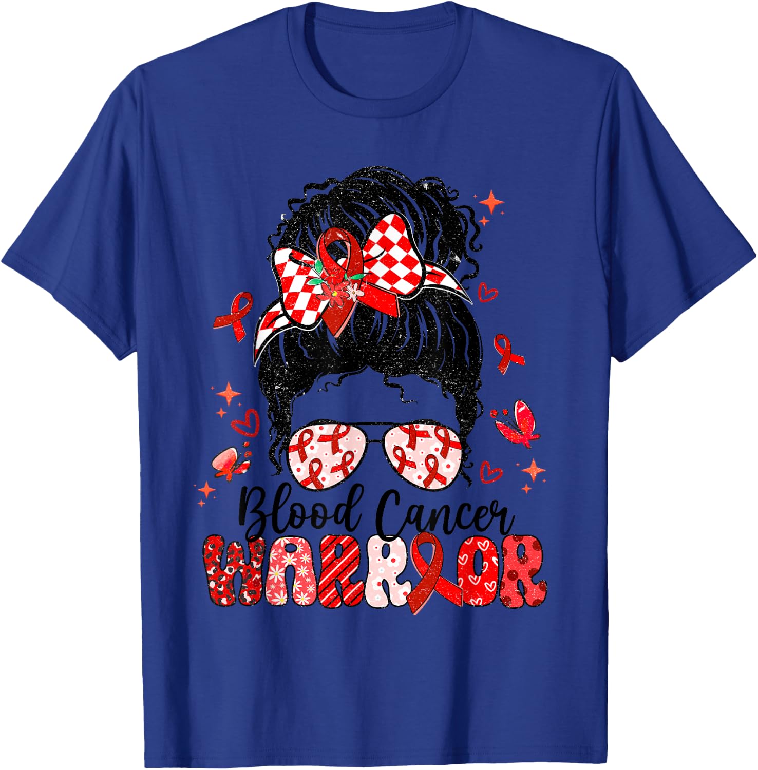 Warrior Messy Bun Red Ribbon Blood Cancer Awareness T-Shirt - T-Shirt | Royal
