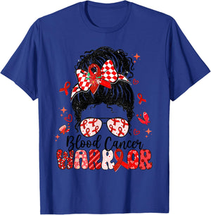 Warrior Messy Bun Red Ribbon Blood Cancer Awareness T-Shirt - T-Shirt | Royal
