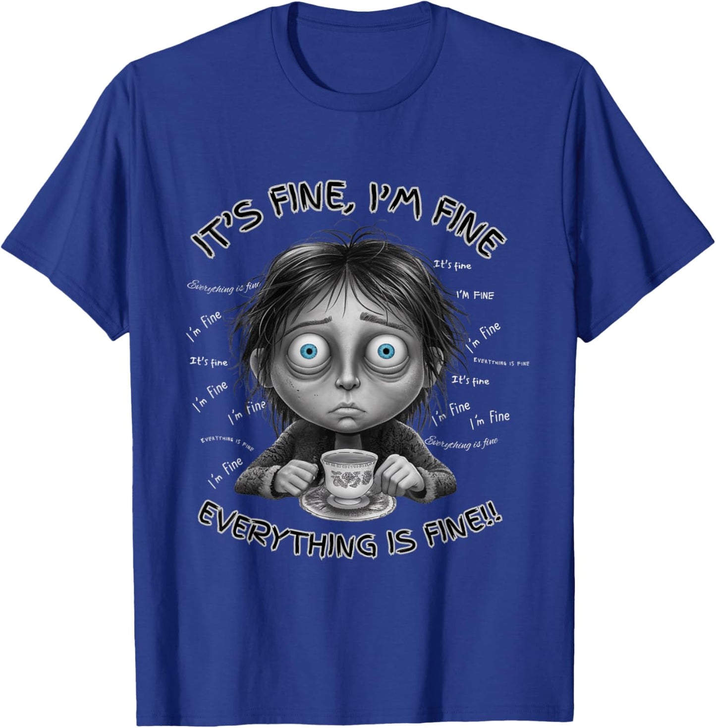 Exhausted Parent Funny Moody Coffee Chaos Cartoon Design T-Shirt - T-Shirt | Royal