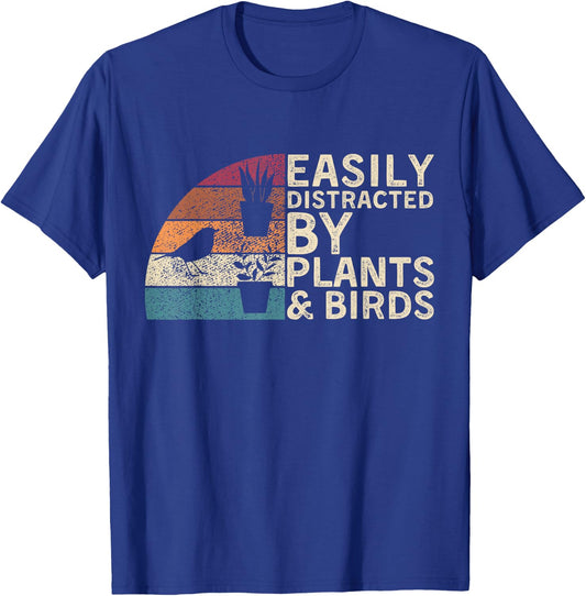 Retro Vintage Easily Distracted By Plants & Birds Funny T-Shirt - T-Shirt | Royal