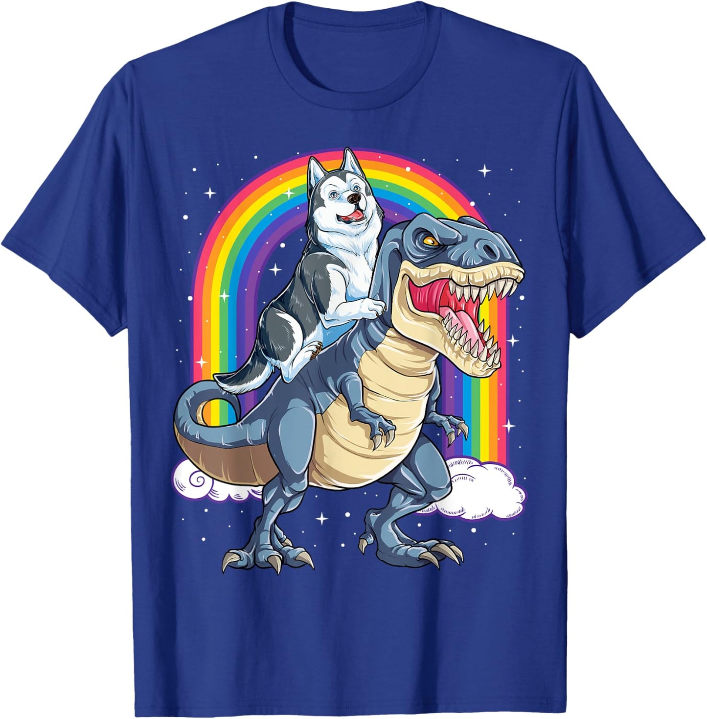 Siberian Husky Riding Dinosaur T-rex Gifts Boys Kids Rainbow T-Shirt - T-Shirt | Royal