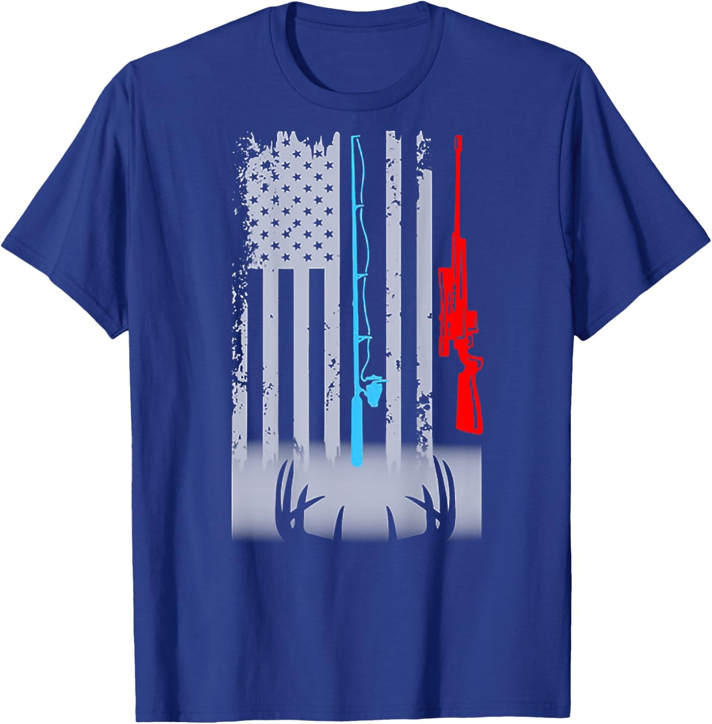 Fishing Rod Shotgun Deer Flag (on back) T-Shirt - T-Shirt | Royal