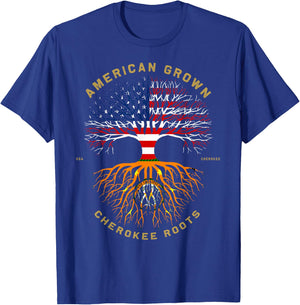 American Grown with Cherokee Roots Tree USA Flag T-Shirt - T-Shirt | Royal