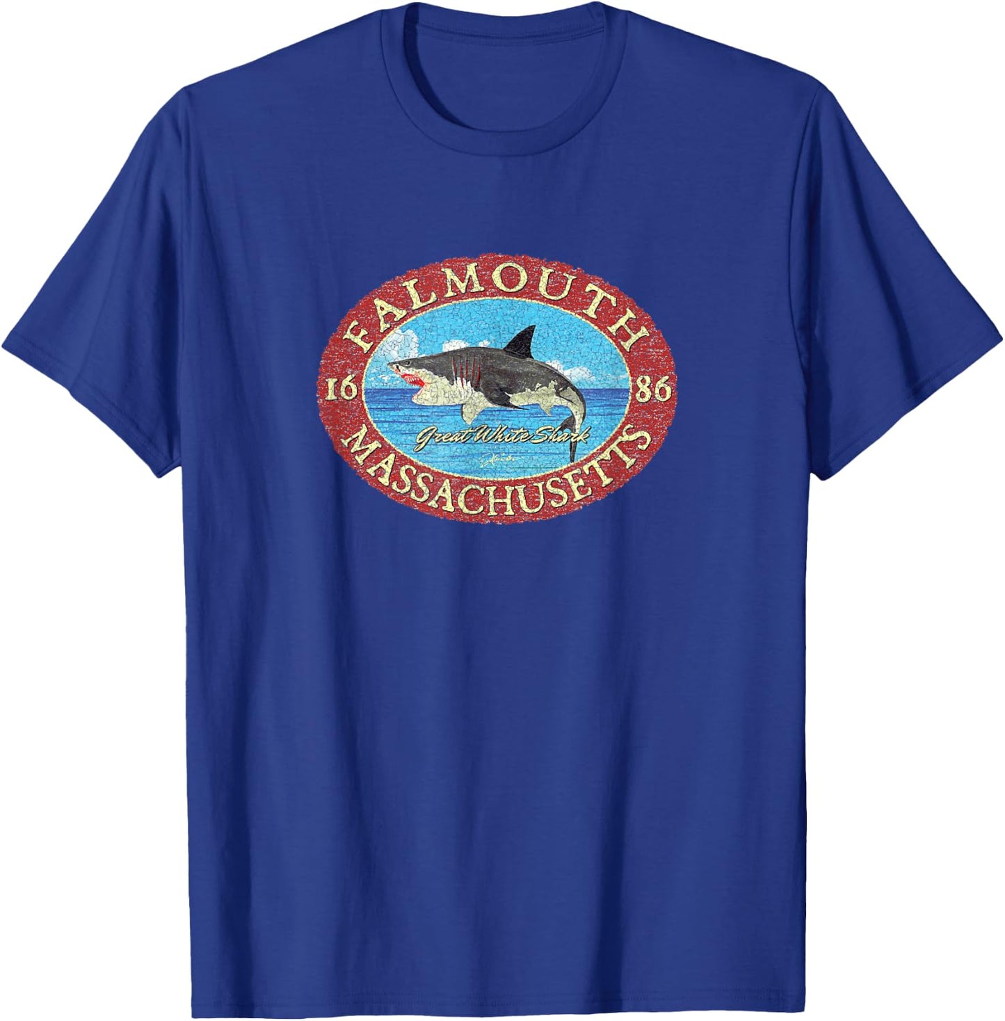 JCombs: Falmouth, MA, Great White Shark and Sea T-Shirt - T-Shirt | Royal