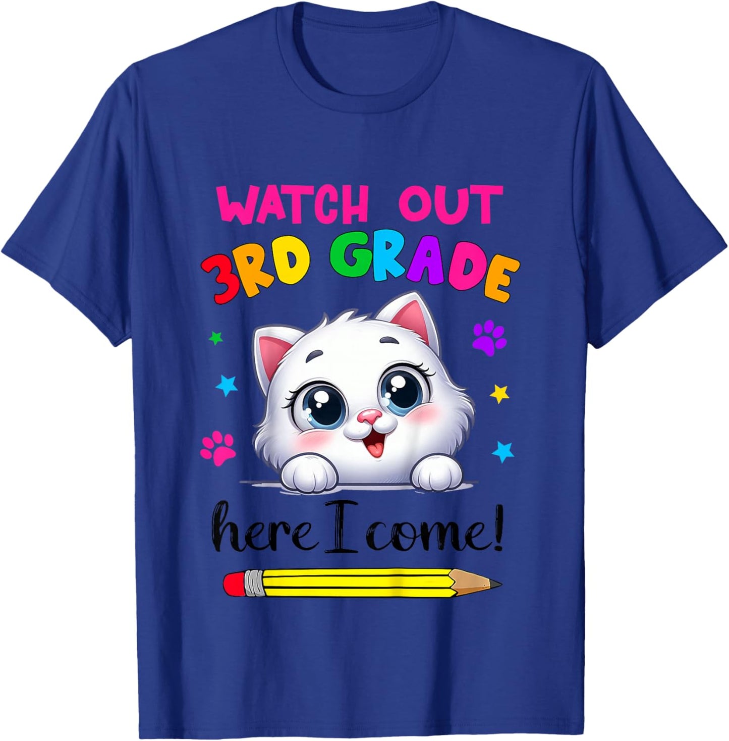 Watch Out 3rd Grade Here I Come Girls Cat Back To School T-Shirt - T-Shirt | Royal