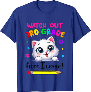Watch Out 3rd Grade Here I Come Girls Cat Back To School T-Shirt - T-Shirt | Royal