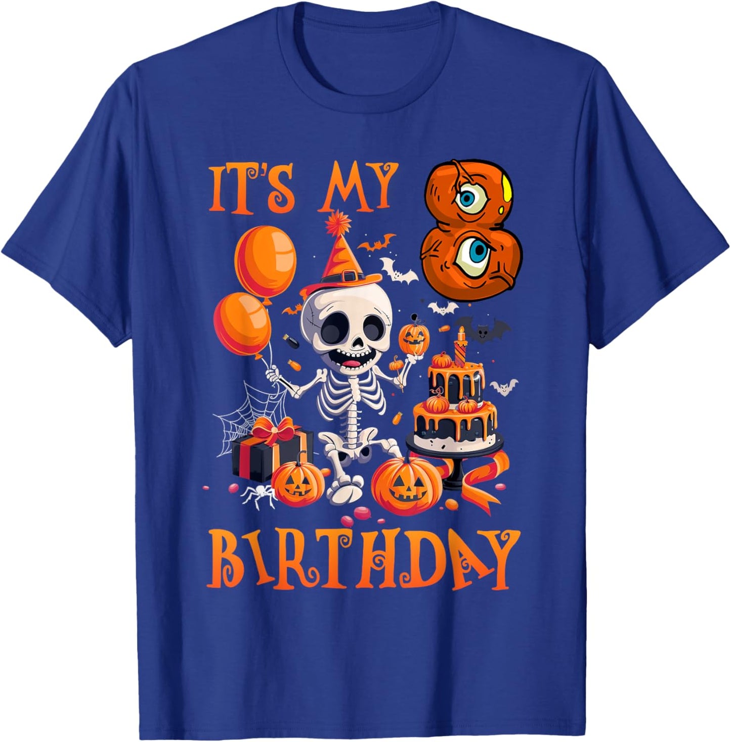 Kids Boo It's My 8th Birthday Halloween Skeleton 8 Years Old T-Shirt - T-Shirt | Royal