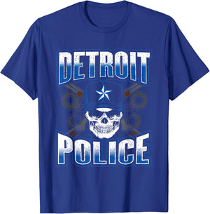 Detroit Michigan PD Policeman Graphic Skull Guns Thin Blue T-Shirt - T-Shirt | Royal