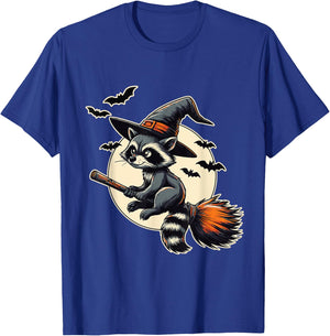 Raccoon Witch on Broom Halloween T-Shirt - T-Shirt | Royal