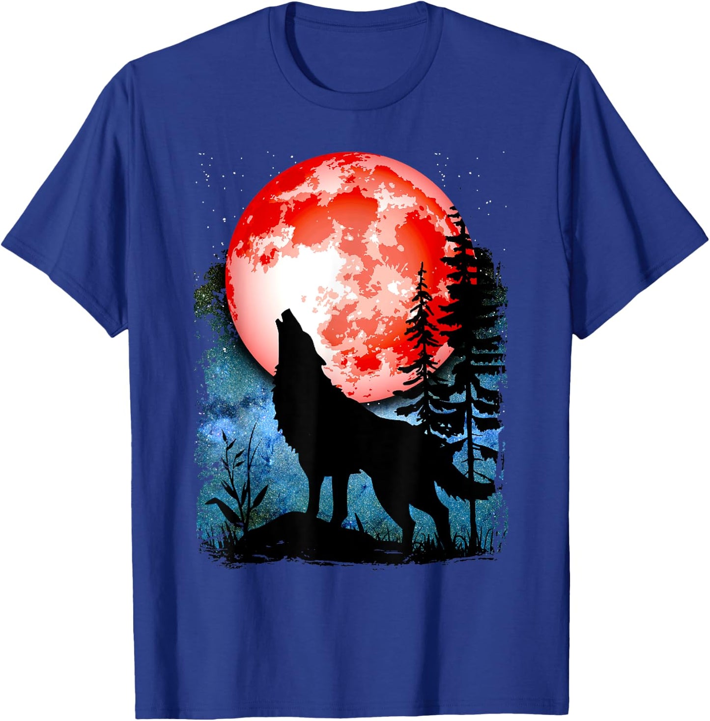 Wolf Howls Red Blood Moon Galaxy Star Night T-Shirt - T-Shirt | Royal