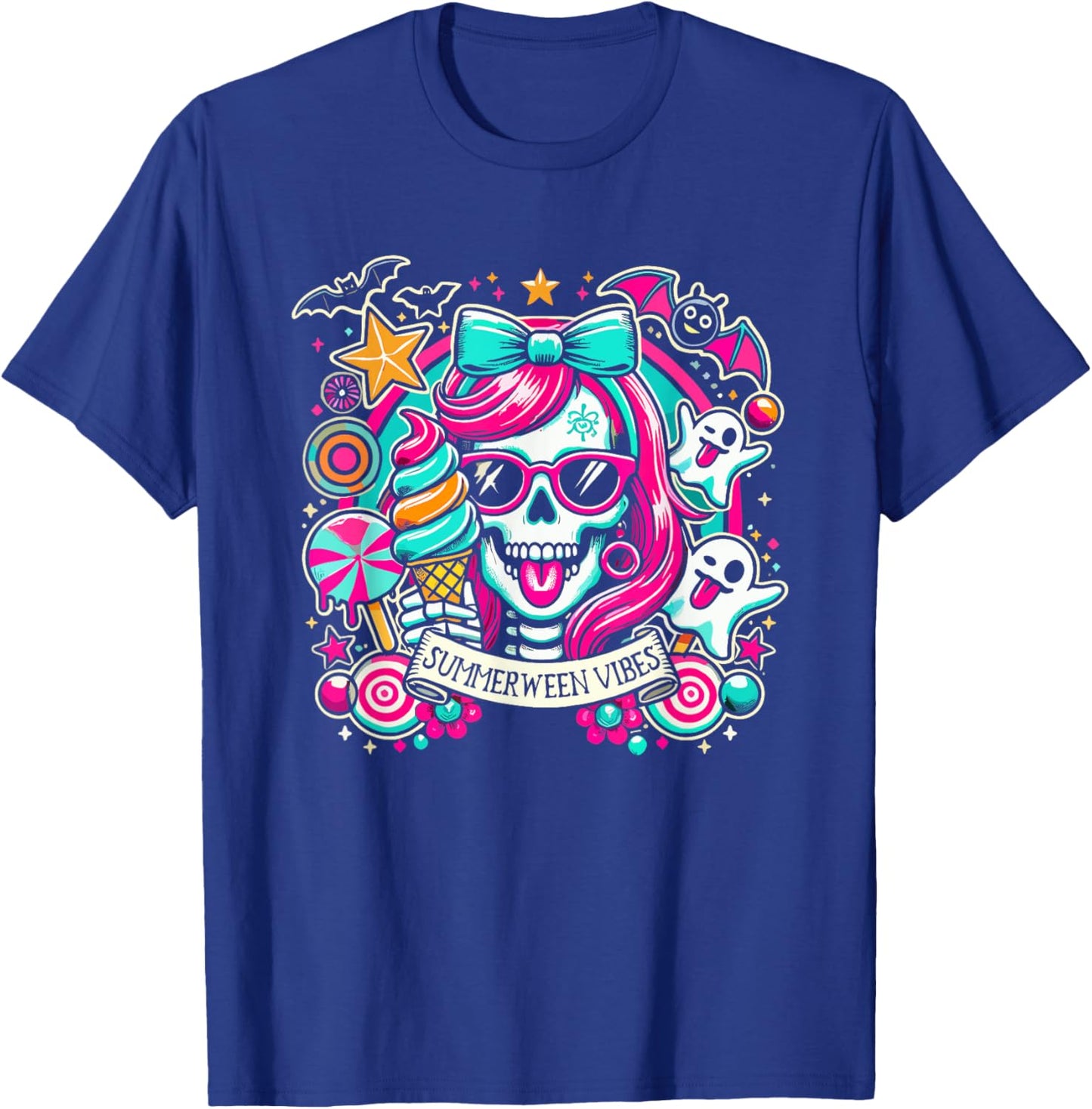Summerween Vibes Skeleton Spooky Vacation Halloween Summer Women Kids T-Shirt - T-Shirt | Royal