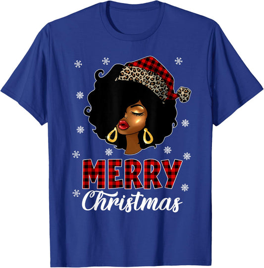 African American Afro Woman Santa Hat Merry Christmas T-Shirt - T-Shirt | Royal