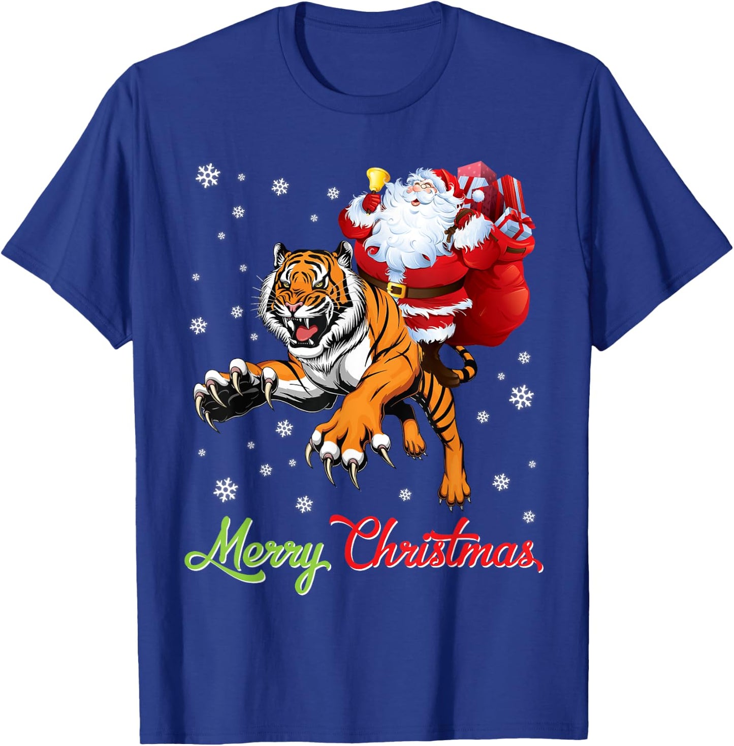 Santa Claus With Xmas Gift Riding Tiger Merry Christmas Day T-Shirt - T-Shirt | Royal