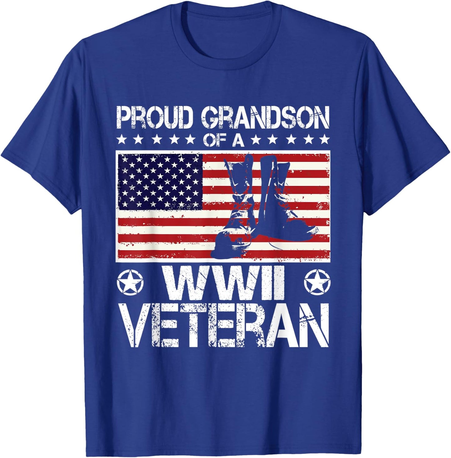 Proud Grandson Of WWII Veteran US Flag Boots Veteran Day T-Shirt - T-Shirt | Royal