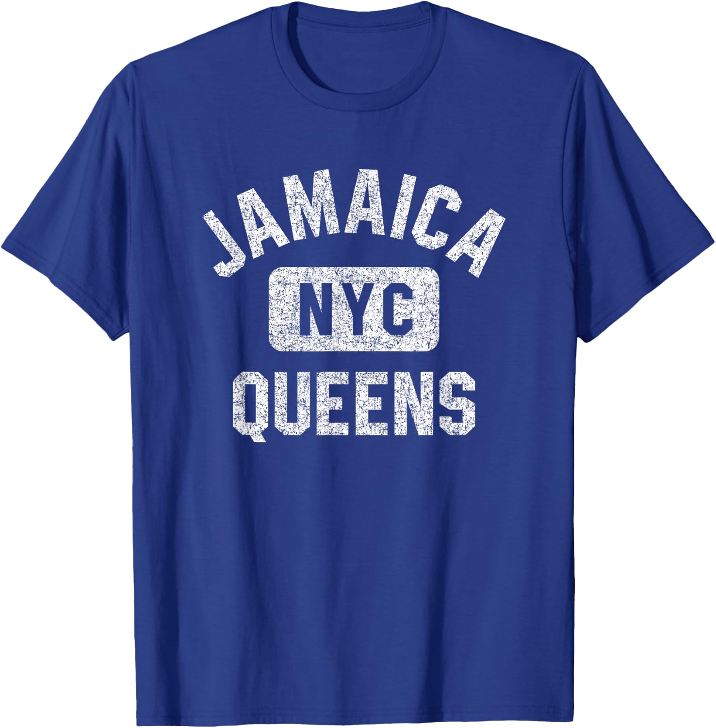Jamaica Queens NYC Gym Style Distressed White Print T-Shirt - T-Shirt | Royal