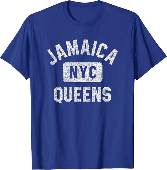 Jamaica Queens NYC Gym Style Distressed White Print T-Shirt - T-Shirt | Royal
