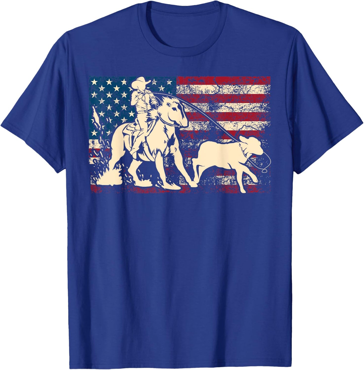 Funny Team Roping Rodeo Gift US Flag Cool Cowboy Men Women T-Shirt - T-Shirt | Royal