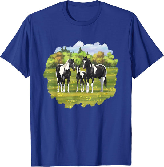 Beautiful Black Pinto Paint Horses In Summer Pasture Men Women Kids T-Shirt - T-Shirt | Royal