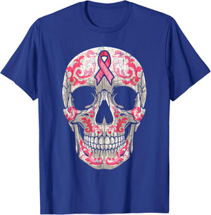 Breast Cancer Awareness Graphic Ribbon Sugar Skull Calavera T-Shirt - T-Shirt | Royal