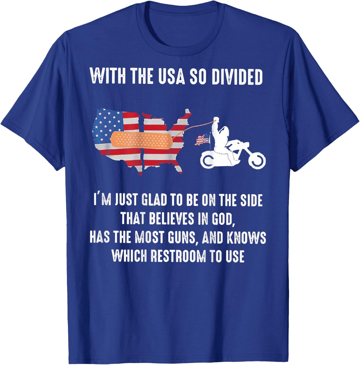 Bigfoot Biker With The USA So Divided (on back) T-Shirt - T-Shirt | Royal
