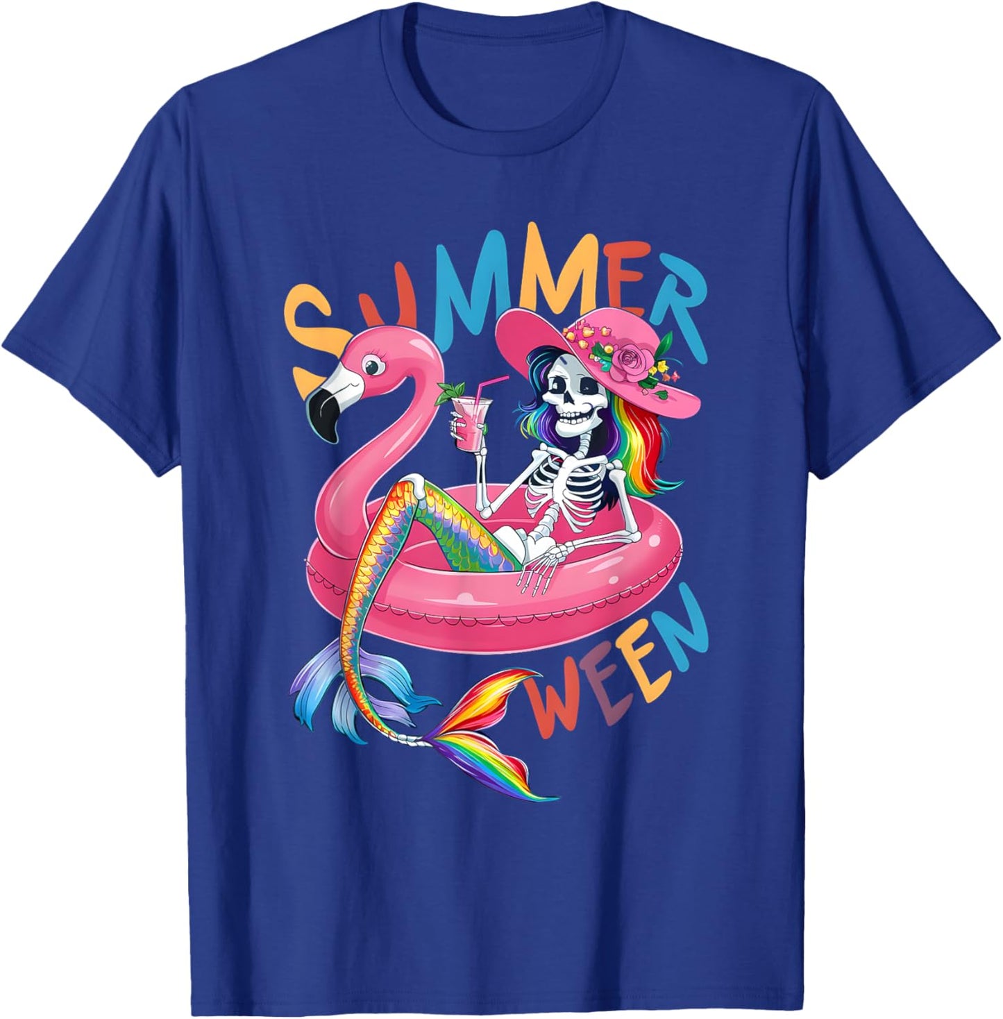 Summerween Mermaid Skeleton Flamingo Summer Halloween Women T-Shirt - T-Shirt | Royal
