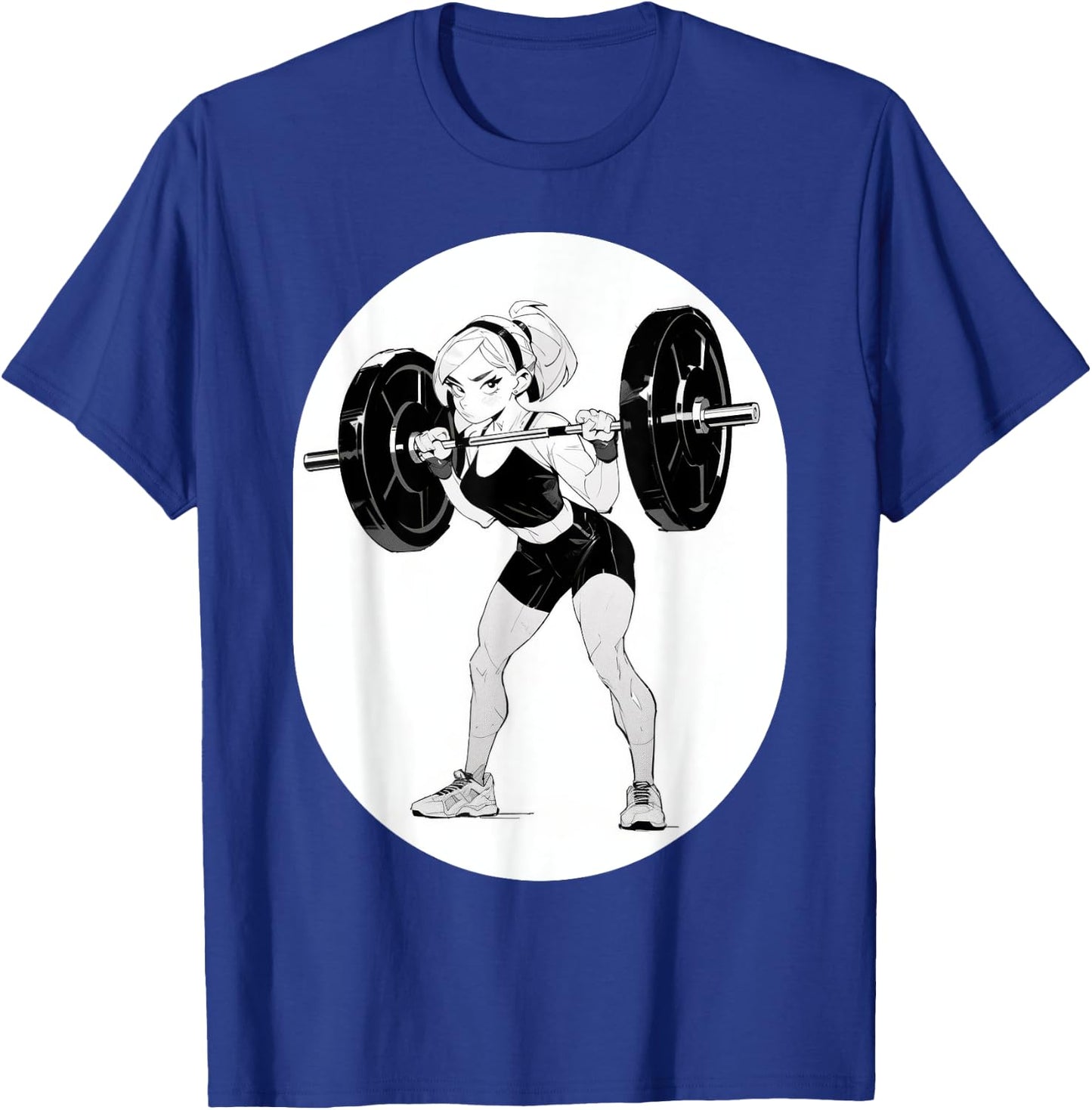 Anime & Manga Style Gym Girl holding Large Barbell T-Shirt - T-Shirt | Royal