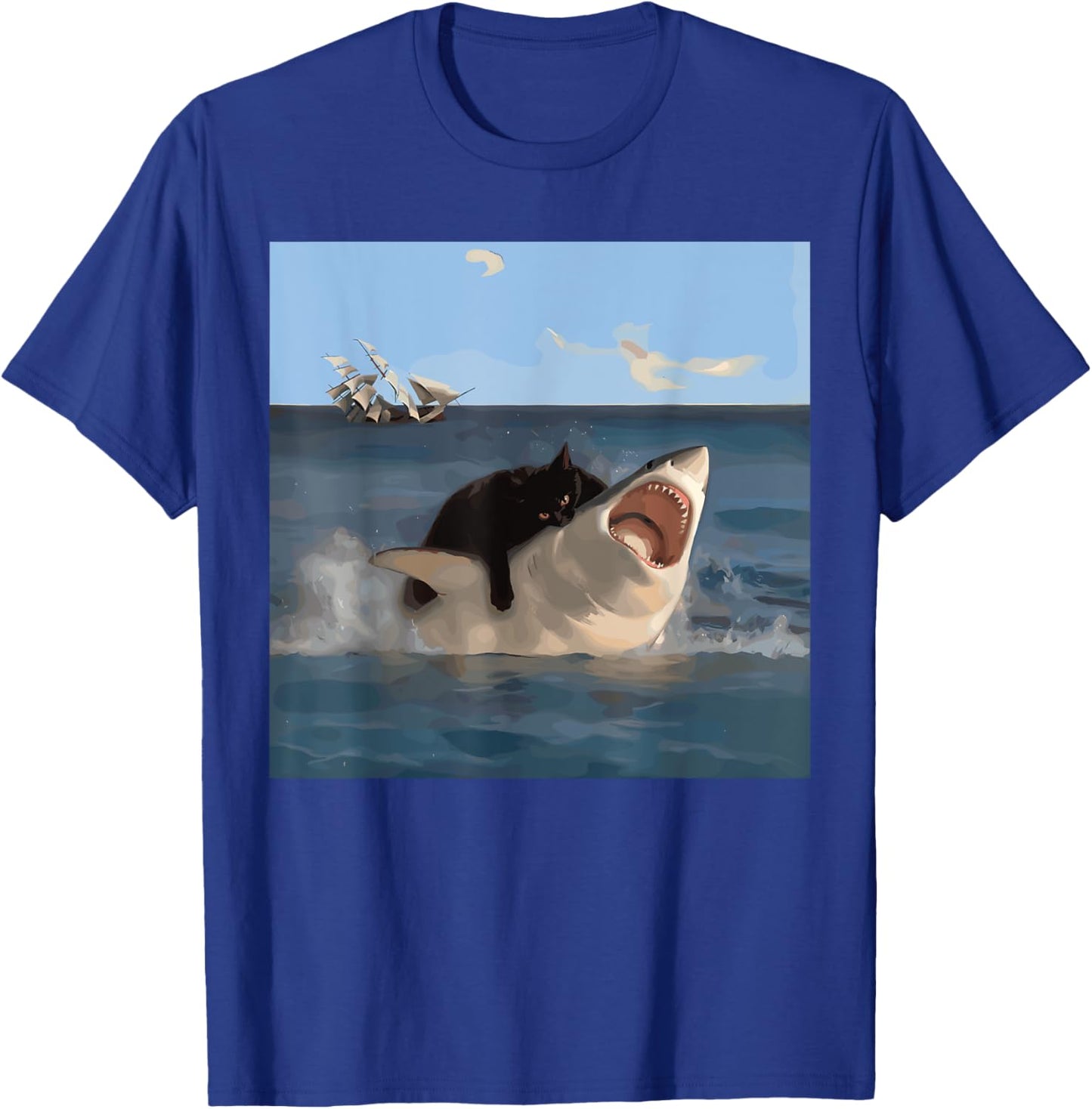 Cat Biting Shark Humorous Playful Funny Cat and Shark , Small, Black T-Shirt - T-Shirt | Royal