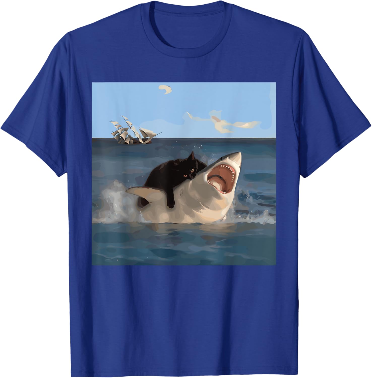 Cat Biting Shark Humorous Playful Funny Cat and Shark , Small, Black T-Shirt - T-Shirt | Royal