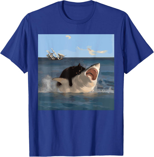 Cat Biting Shark Humorous Playful Funny Cat and Shark , Small, Black T-Shirt - T-Shirt | Royal