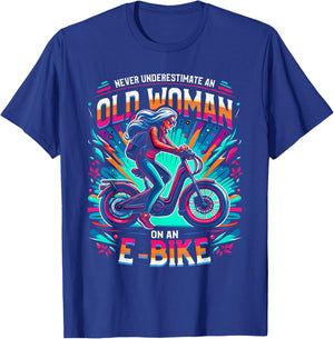 Never Underestimate An Old Woman On An E-Bike Bicycle T-Shirt - T-Shirt | Royal