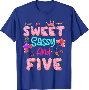 Sweet Sassy And Five Birthday Outfit For 5 Years Old Girls T-Shirt - T-Shirt | Royal