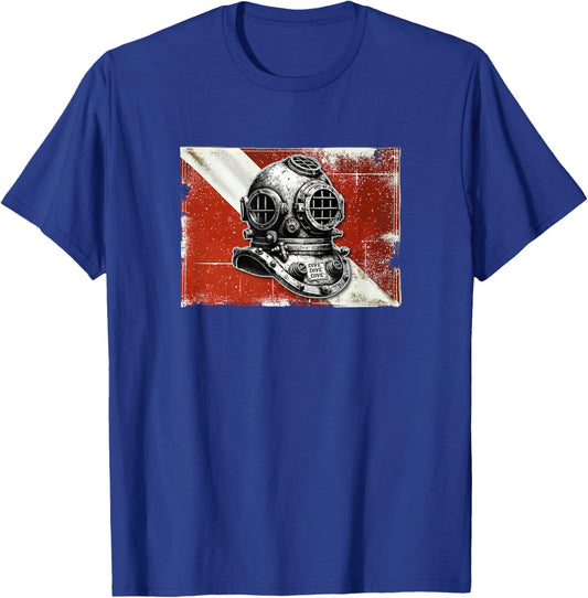 Vintage Scuba Dive Helmet Dive Flag | Funny Scuba Diving T-Shirt - T-Shirt | Royal