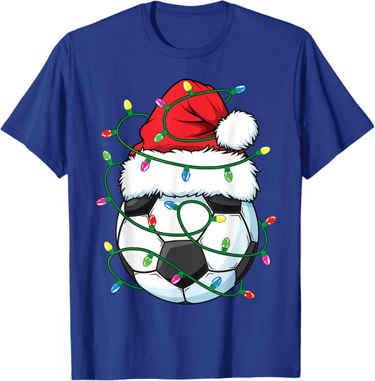 Funny Christmas Soccer Ball Santa Hat Xmas Lights Girls Boys T-Shirt - T-Shirt | Royal