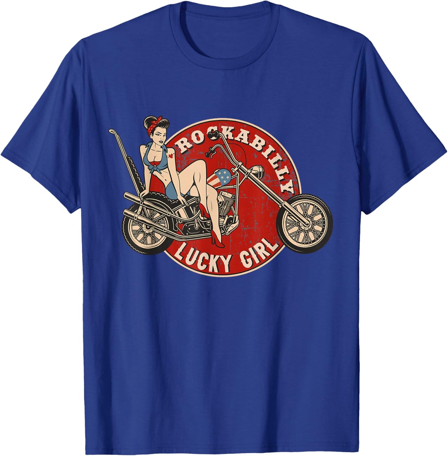 Motorcycle Pinup Girl Old School Rockabilly Lucky Girl T-Shirt - T-Shirt | Royal