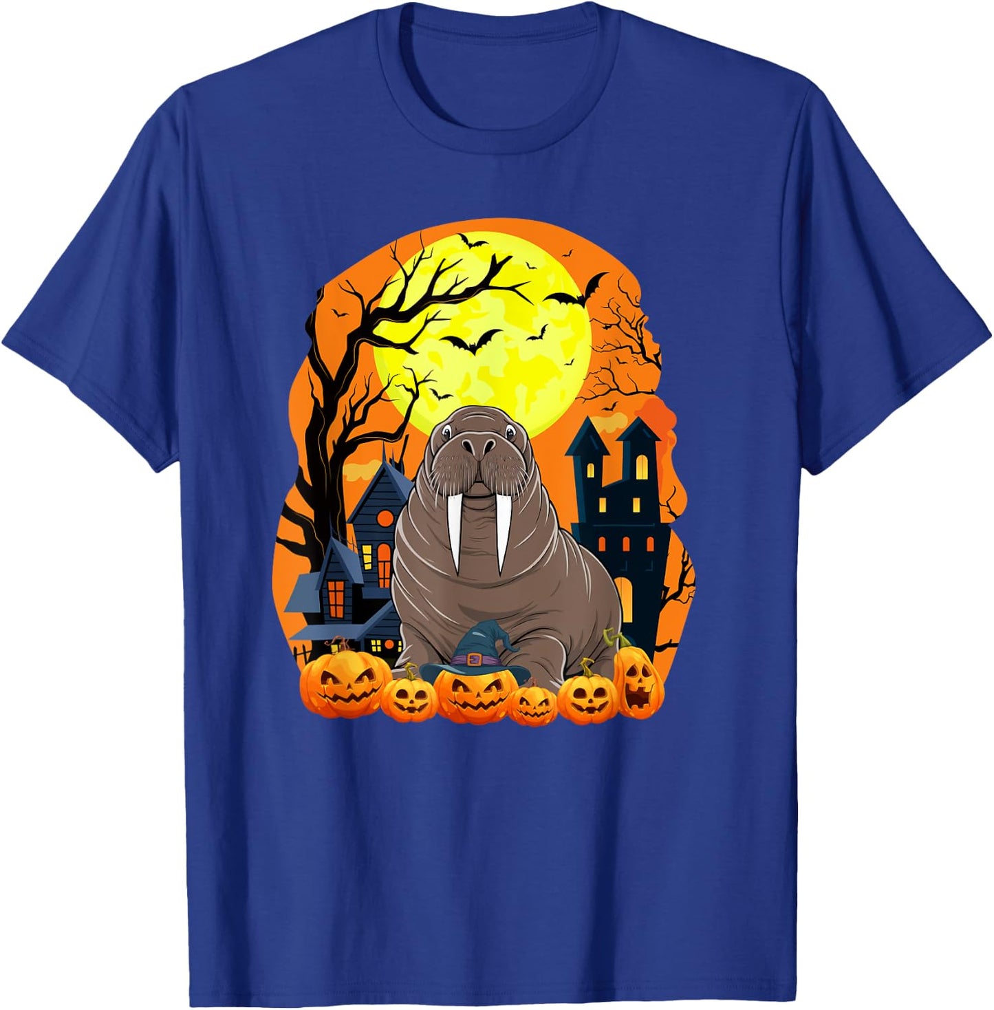 Walrus With Pumpkins Funny Scary Halloween Party T-Shirt - T-Shirt | Royal