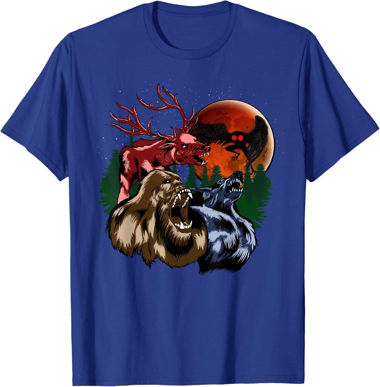 Three Cryptid Moon - Sasquatch, Dogman, Wendigo, Mothman T-Shirt - T-Shirt | Royal