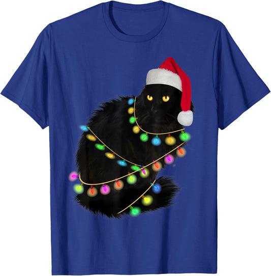 Black Cat Santa Hat Light Tree Funny Ugly Christmas Sweater T-Shirt - T-Shirt | Royal