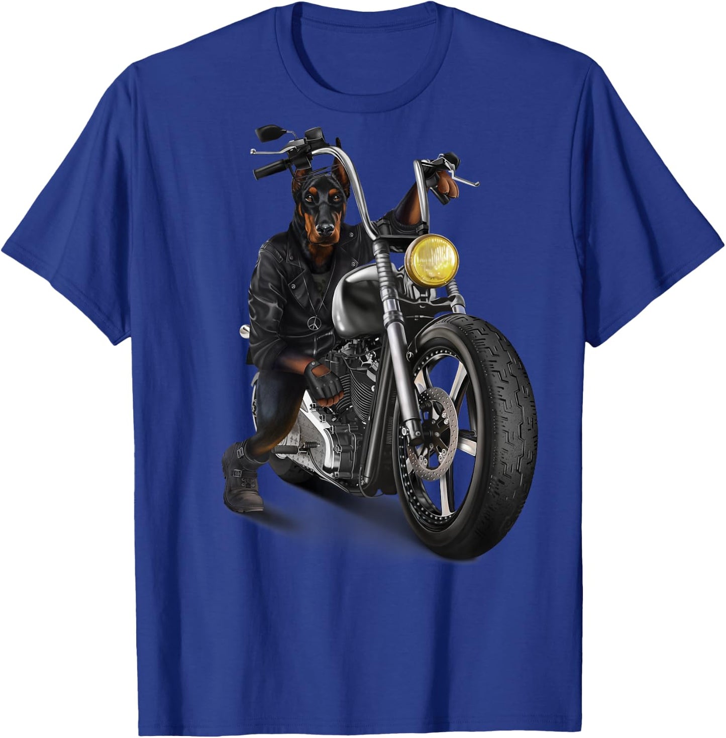 Doberman Dog Biker on a Classic Chopper Motorcycle T-Shirt - T-Shirt | Royal