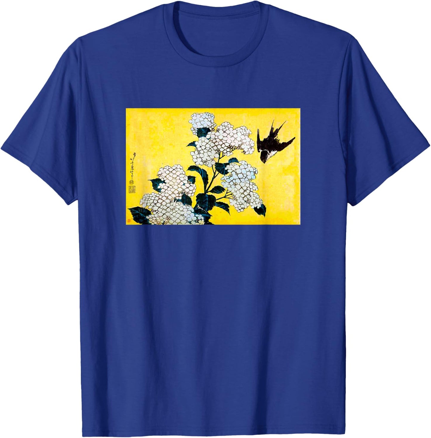 The Art of Print by MCMA - Digitally Enhanced Art Japanese Art Bird and Cherry Blossoms Graphic Design -Adults Black Small T-Shirt - T-Shirt | Royal