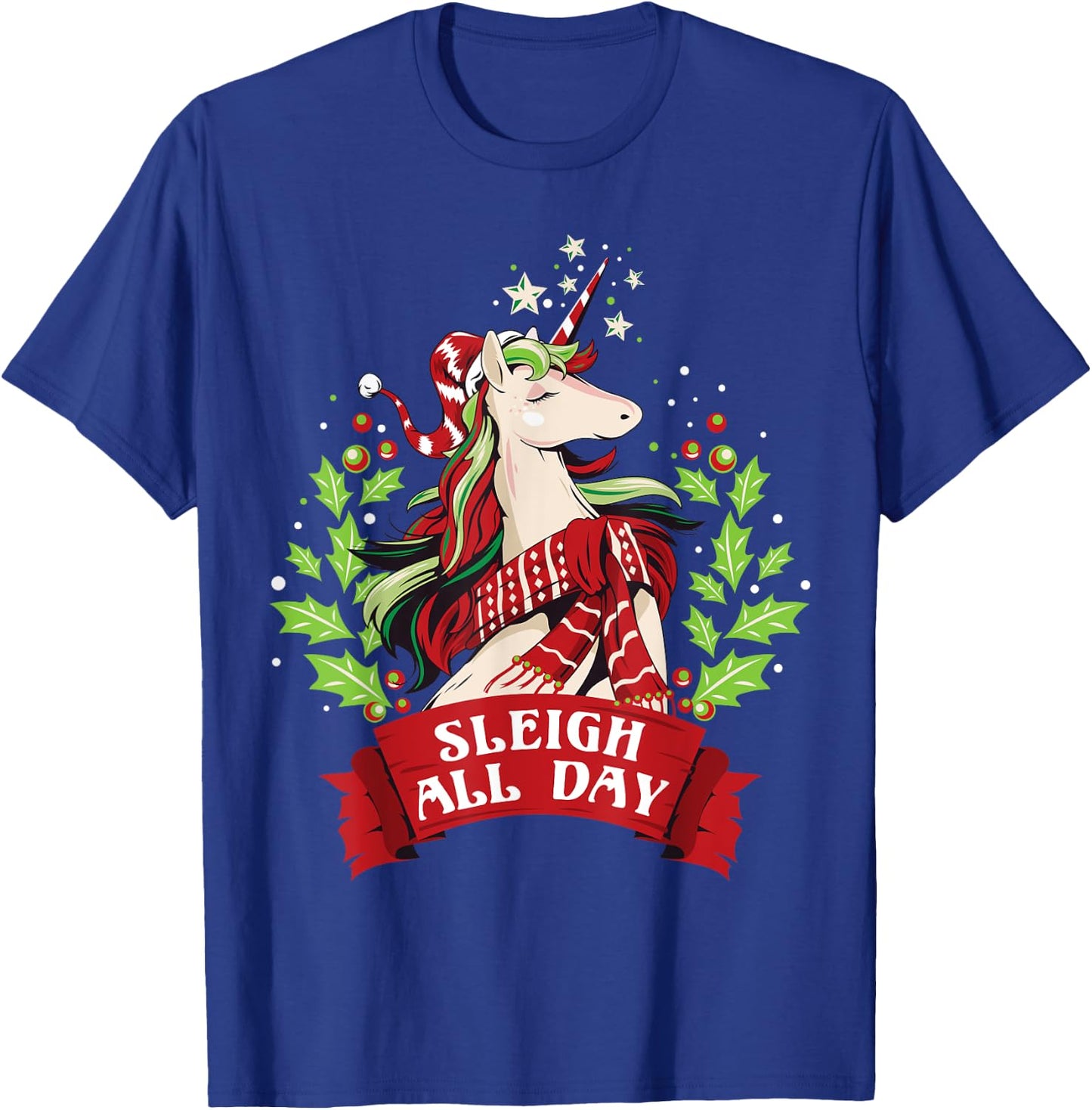 Sleigh All Day Cute Santa Unicorn Christmas T-Shirt - T-Shirt | Royal