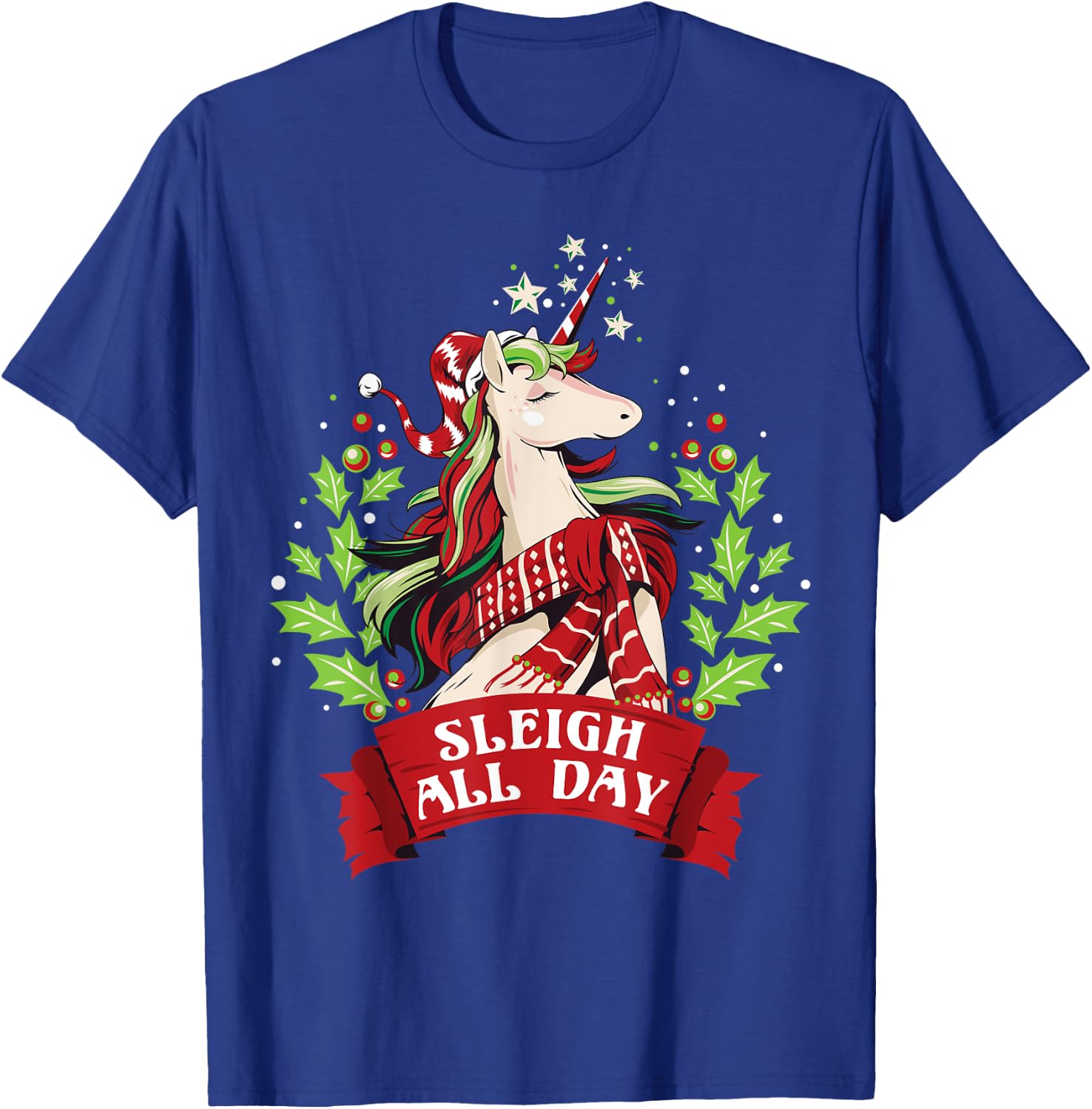 Sleigh All Day Cute Santa Unicorn Christmas T-Shirt - T-Shirt | Royal