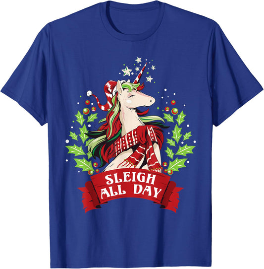 Sleigh All Day Cute Santa Unicorn Christmas T-Shirt - T-Shirt | Royal