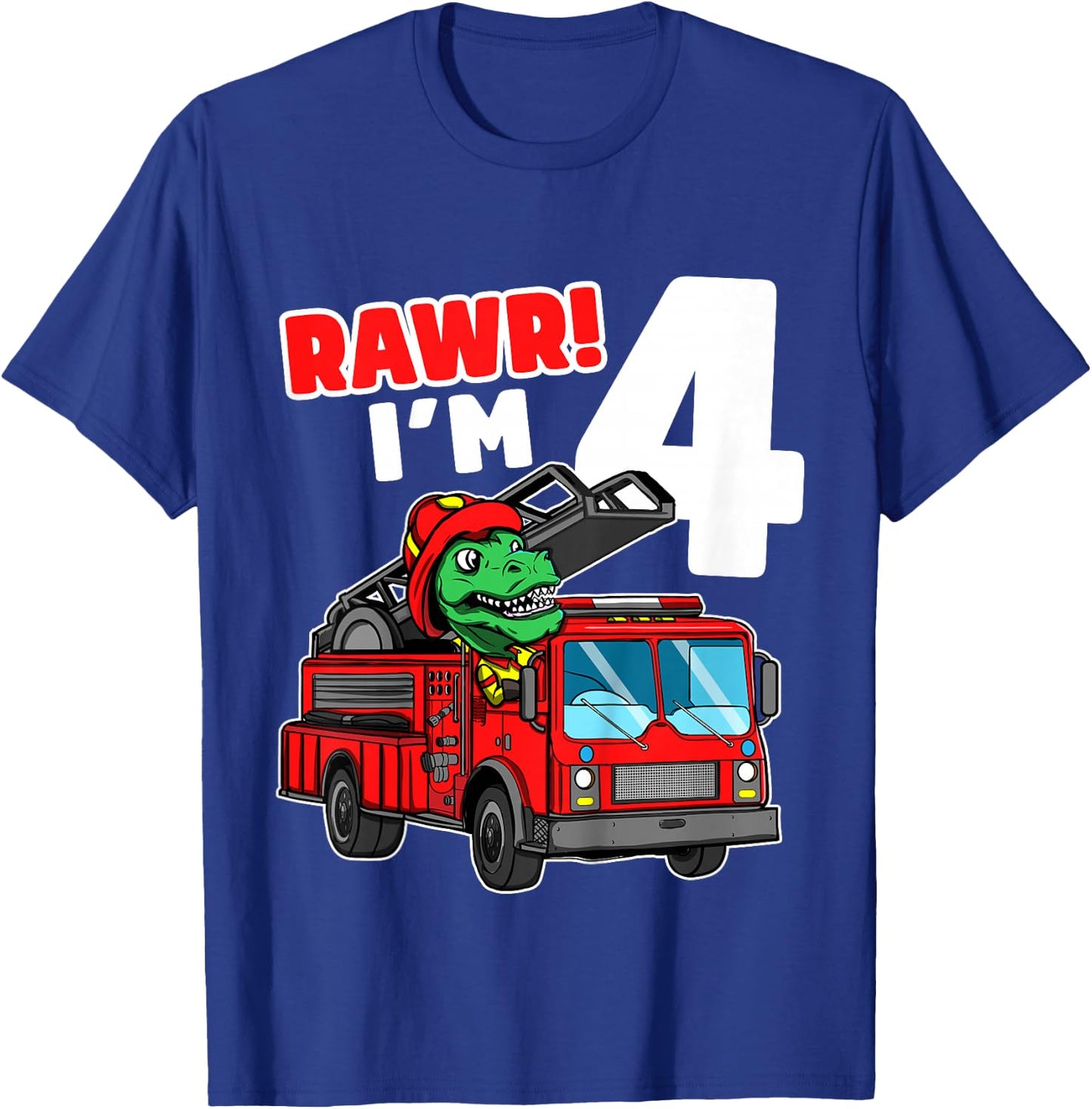 Kids Dinosaur Fire Truck 4th Birthday Boy T-Rex Firefighter 4 T-Shirt - T-Shirt | Royal