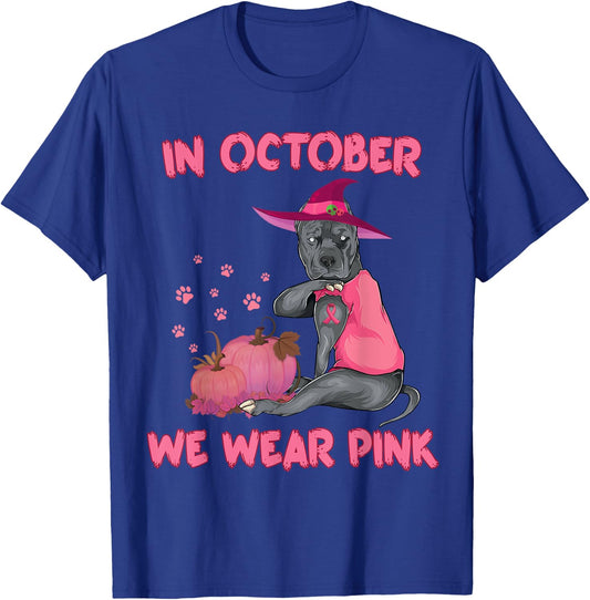In October We Wear Pink Pitbull Dog Breast Cancer Halloween Men Women Girls Kids T-Shirt - T-Shirt | Royal