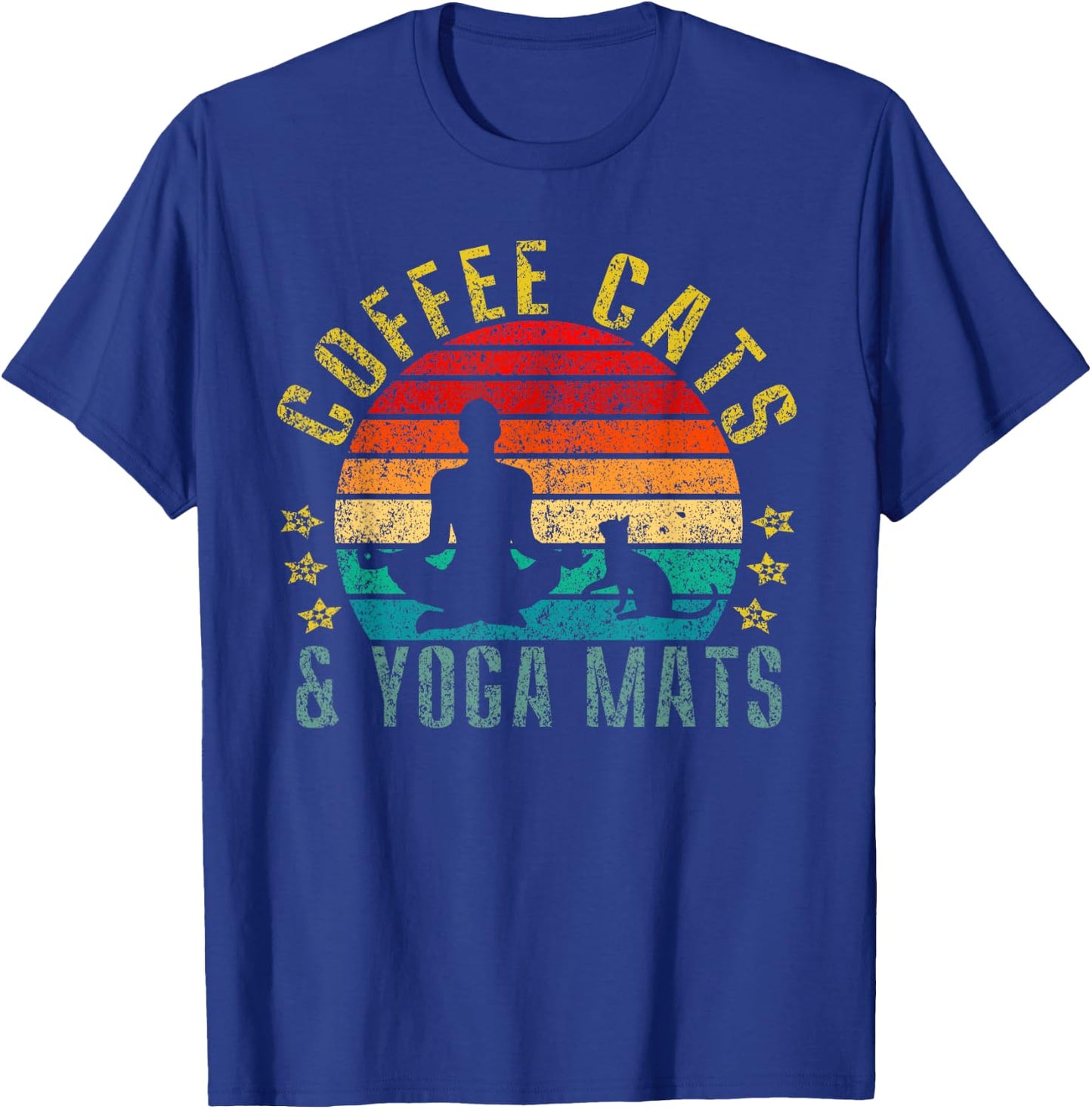 Coffee, Cats & Yoga Mats Funny Retro T-Shirt - T-Shirt | Royal