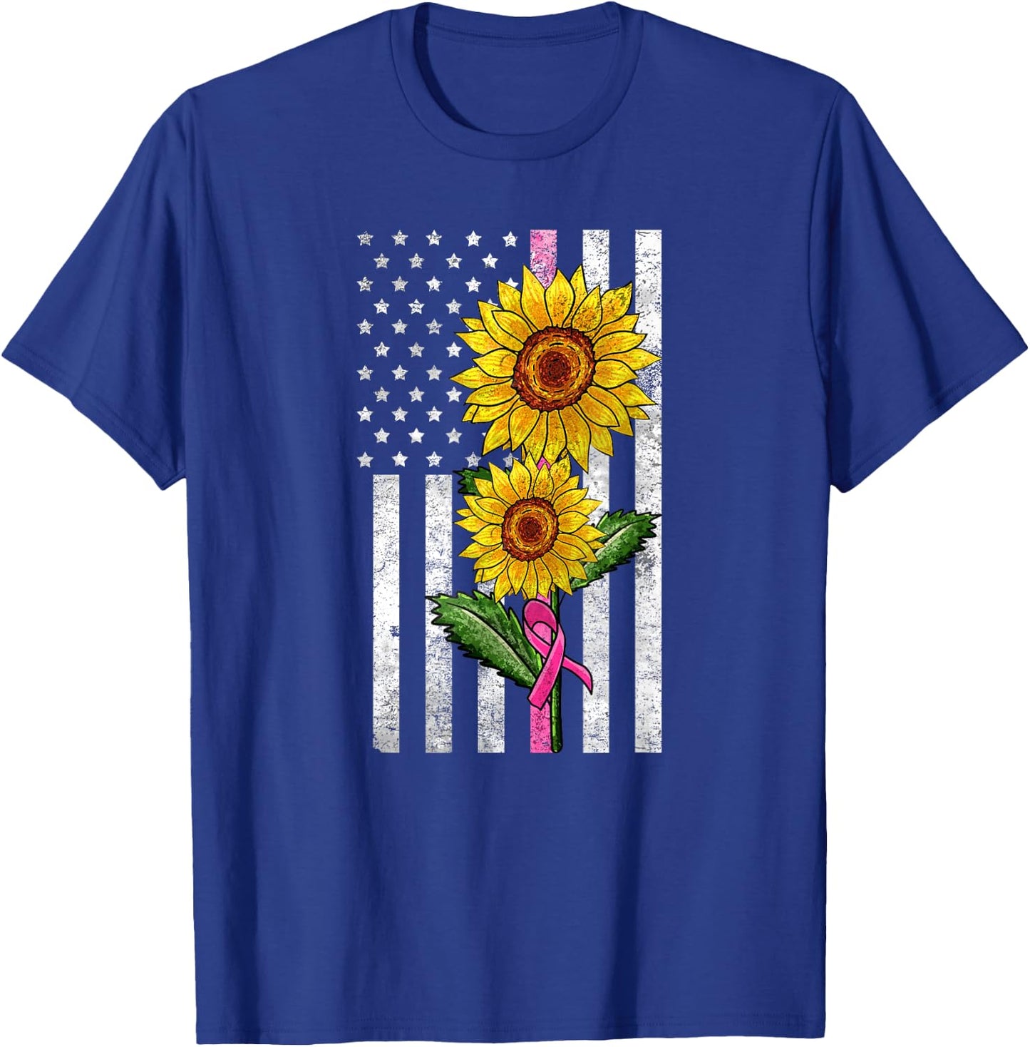 Sunflower US Flag Pink Ribbon Breast Cancer American Gift T-Shirt - T-Shirt | Royal