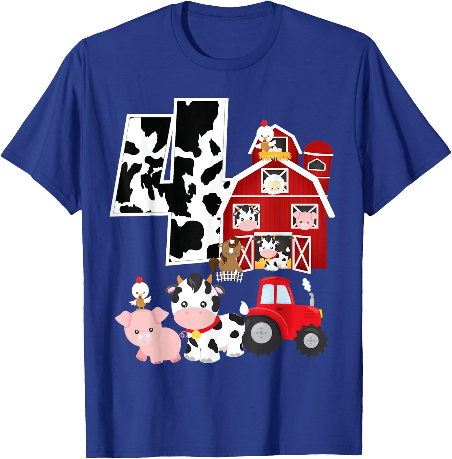Farm Barnyard Theme Pig Cow Horse 4th Birthday 4 Yrs Old T-Shirt - T-Shirt | Royal