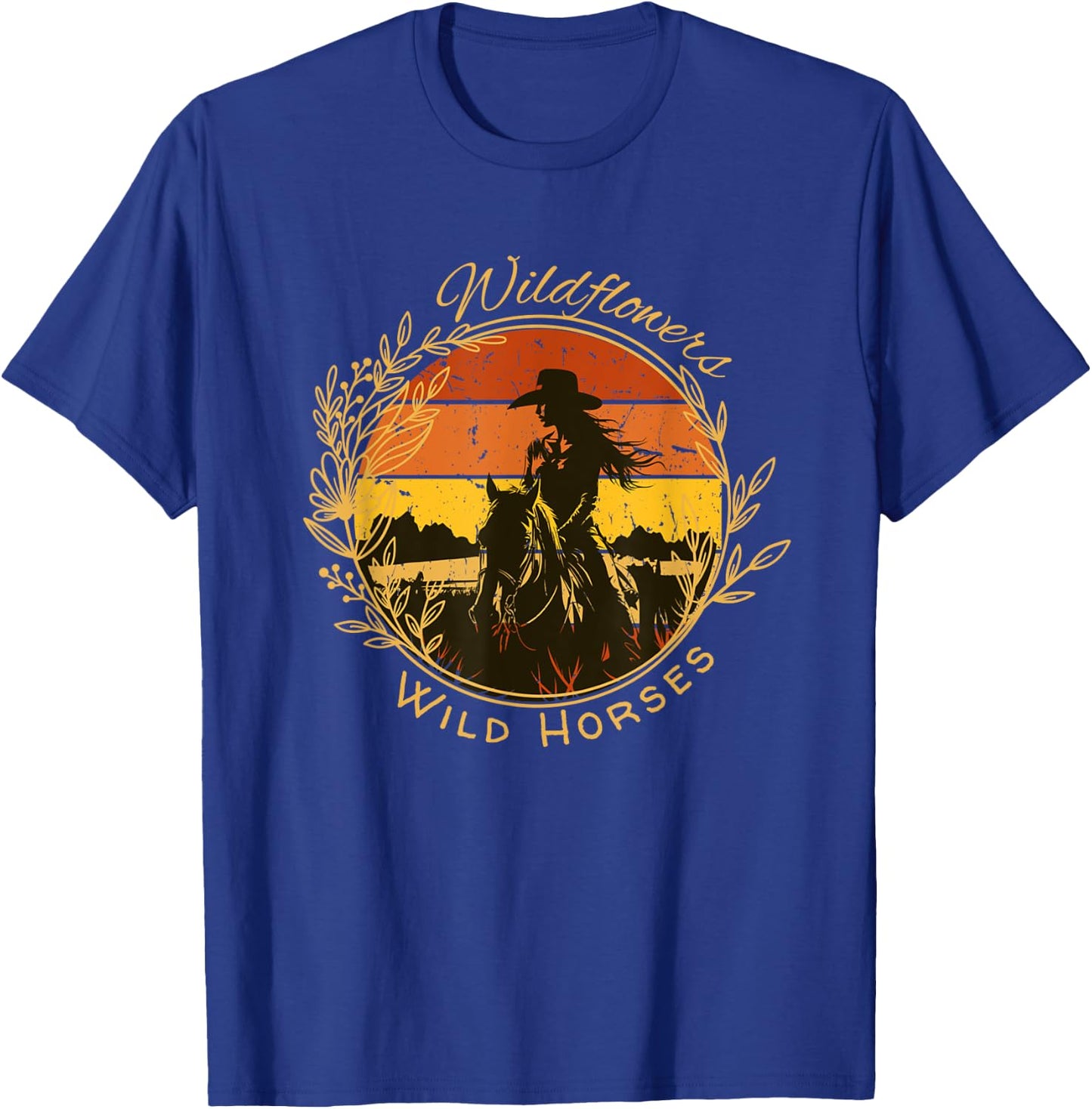 Wild Flowers and Wild Horses Vintage Sunset Country Cowgirl T-Shirt - T-Shirt | Royal