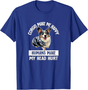 Funny Humans Hurt My Head Cardigan Blue Merle Corgi Lover T-Shirt - T-Shirt | Royal